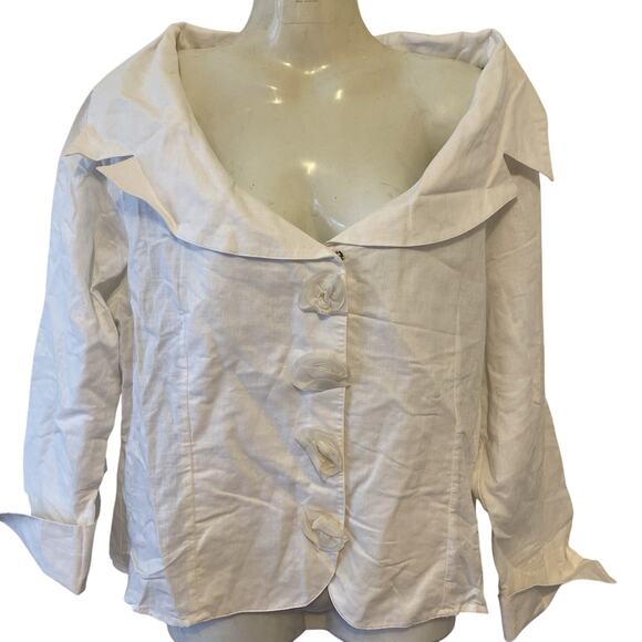 Ravel Women XL White LongSleeve LinenCotton ButtonUp Blouse Career Office Preppy - Picture 1 of 10